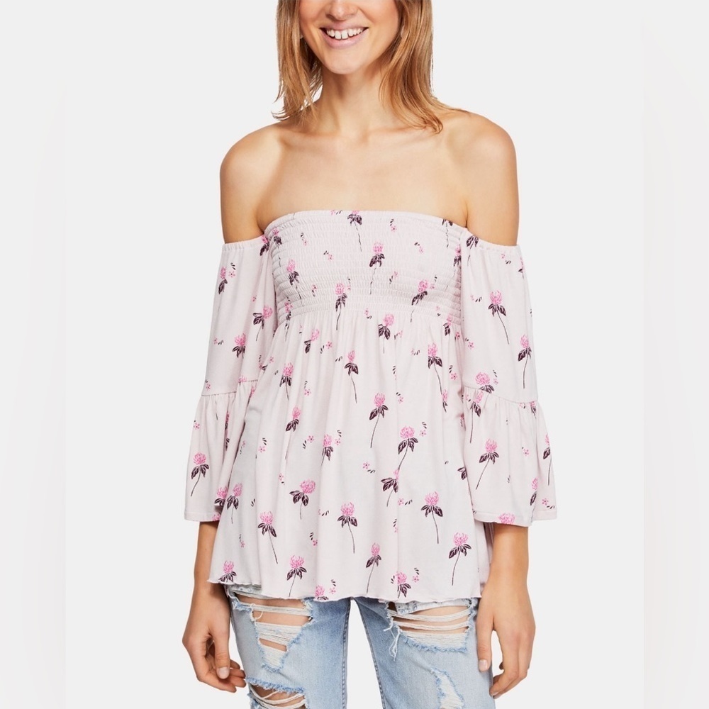 FREE PEOPLE Womens Purple Floral Long Sleeve Off Shoulder Tunic Top